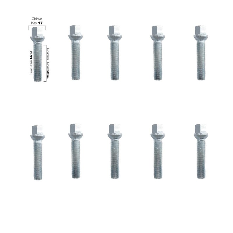 10 bulloni chiave 17 14x1.5 lunghezza 60mm sferici - BR/14-10