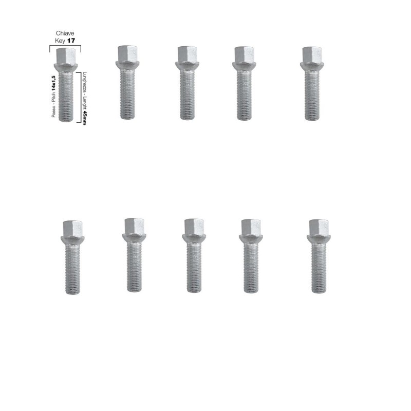 10 bulloni chiave 17 14x1.5 lunghezza 45mm sferici - BR/15-10