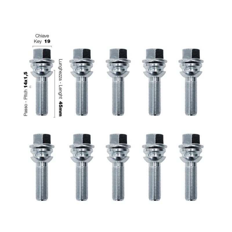 10 bulloni ch.19 14x1.5 l.45mm sferici rondella mobile - BR/25-10