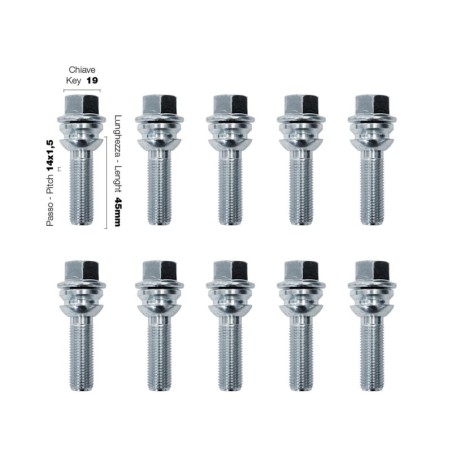 10 bulloni ch.19 14x1.5 l.45mm sferici rondella mobile - BR/25-10
