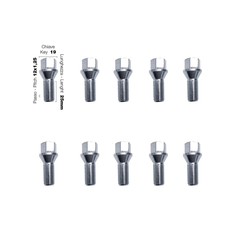 10 bulloni chiave 19 12x1.25 lunghezza 25mm - BR/30-10