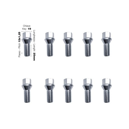 10 bulloni chiave 19 12x1.25 lunghezza 25mm - BR/30-10