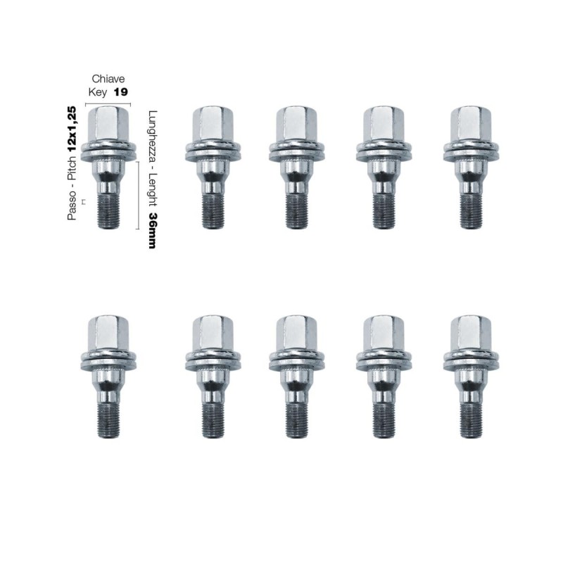 10 bulloni chiave 19 12x1.25 lunghezza 36mm testa piatta - BR/5P-10