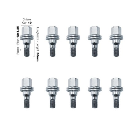 10 bulloni chiave 19 12x1.25 lunghezza 36mm testa piatta - BR/5P-10