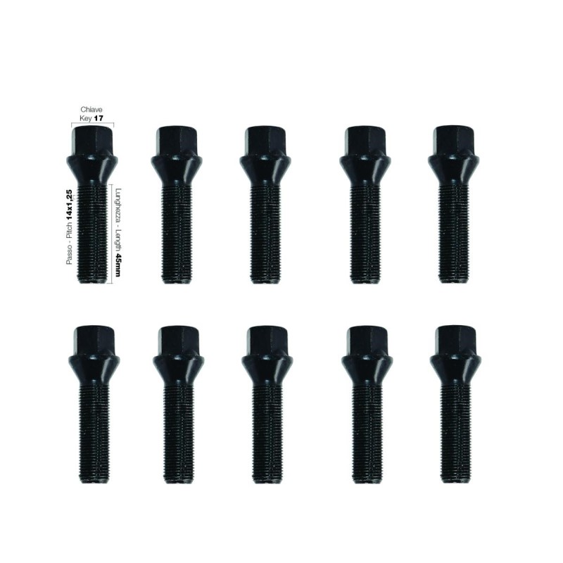 10 bulloni neri chiave 17 14x1.25 lunghezza 45mm - BR/16N-10