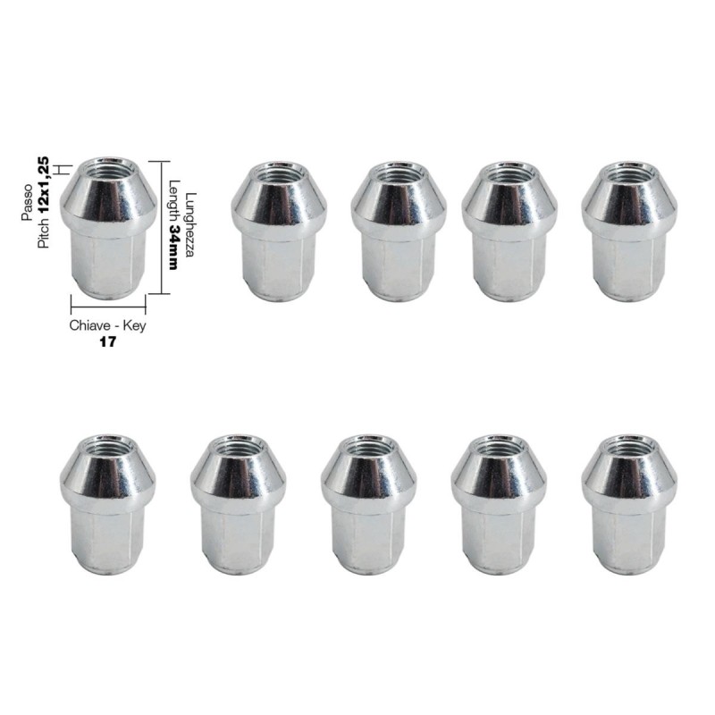 10 dadi chiusi chiave 17 filetto 12X1.25 lunghezza 34mm - DR/24-10