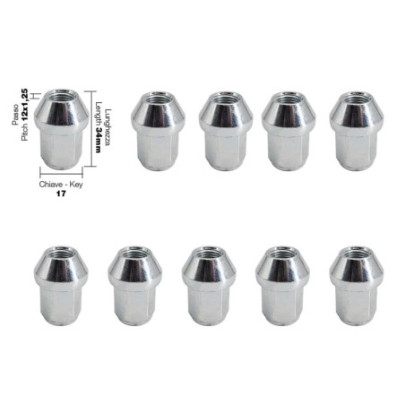 10 dadi chiusi chiave 17 filetto 12X1.25 lunghezza 34mm - DR/24-10
