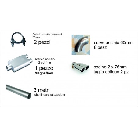 kit universale 2 per doppi scarichi da 60mm con marmitta acciaio 2x76mm