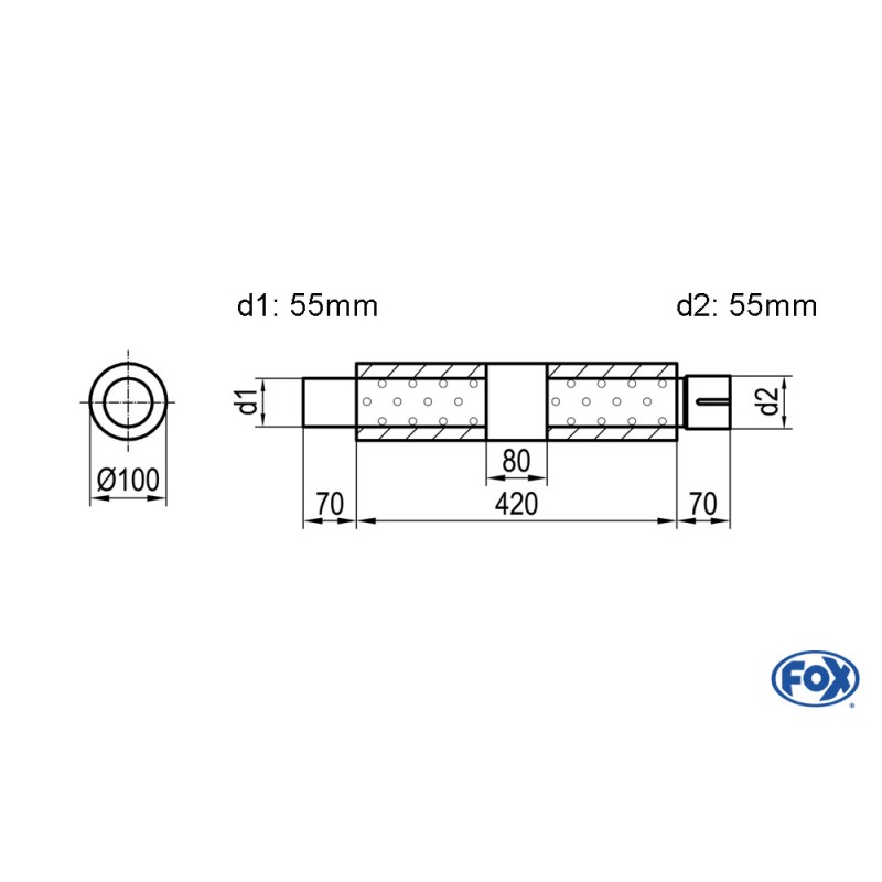 scarico centrale fox racing acciaio tondo 100mm 55 mm diametro esterno