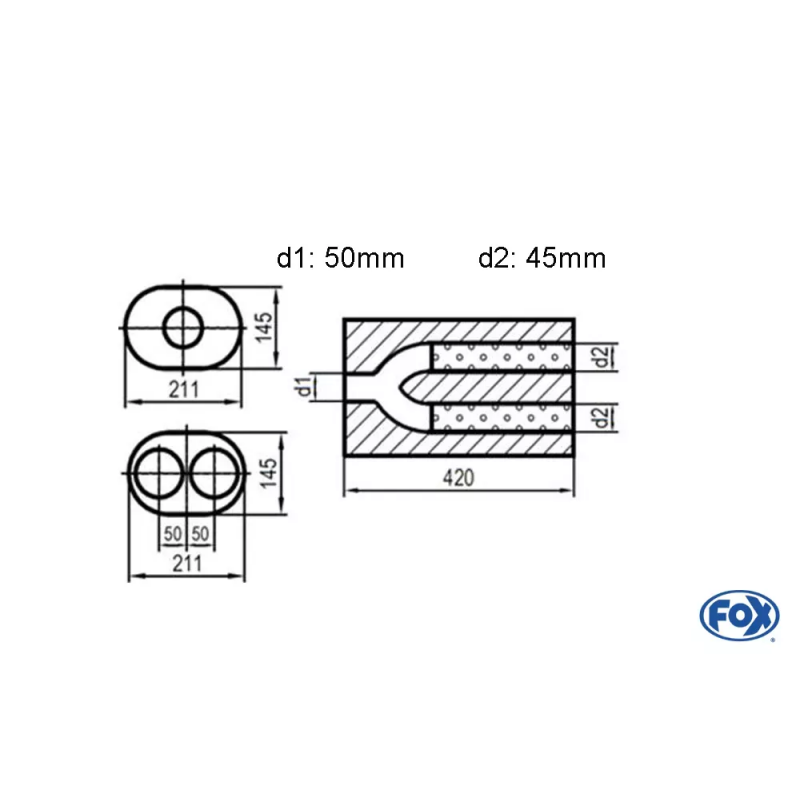 scarico universale ovale 1 in 2 out cassa da 21cm * 14.5cm