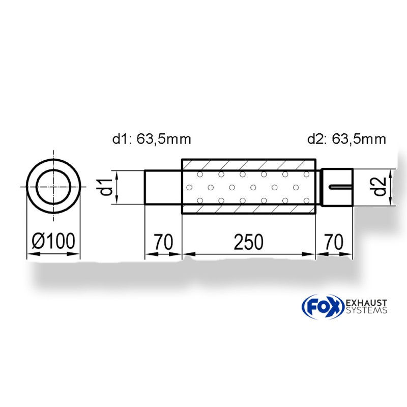 marmitta universale tonda diametro 100mm lunghezza FOX 25cm acciaio