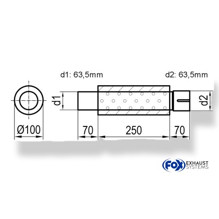 marmitta universale tonda diametro 100mm lunghezza FOX 25cm acciaio